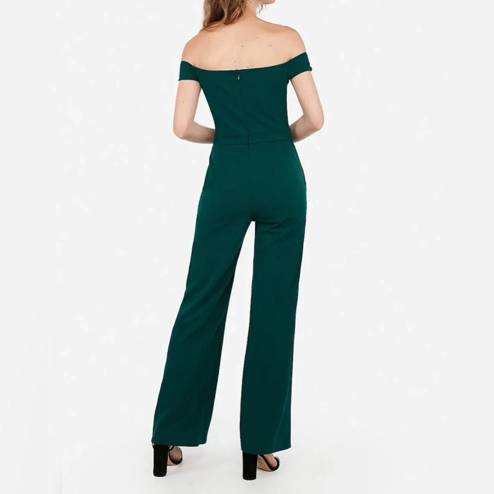 EXPRESS DEEP TEAL GREEN OFF THE SHOULDER WIDE LEG JUMPSUIT Size M MEDIUM PARTY - Picture 2 of 14